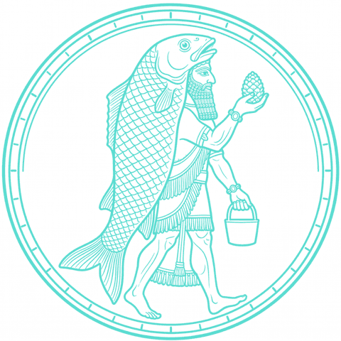 Oannes Code seal: engraved figure of the Babylonian sage Oannes in the fish-cloak, raising a pine-cone and carrying a bucket