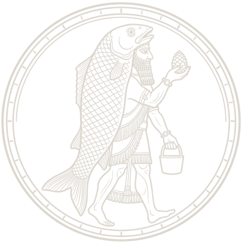 Oannes Code seal: engraved figure of the Babylonian sage Oannes in the fish-cloak, raising a pine-cone and carrying a bucket